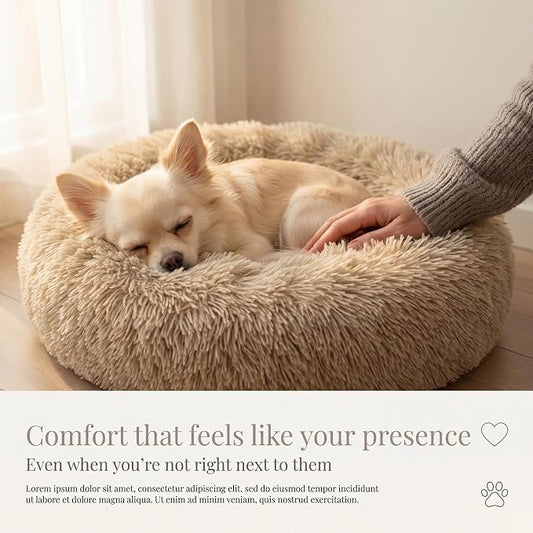 Calming Donut Dogs Beds for Small Dogs Washable,19inch Fluffy Round Puppy Bed for Puppies,Cats & Toy Breeds with Raised Rim,Fits up to 15 lbs Pets,Camel