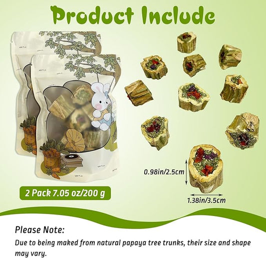 PINVNBY Rabbit Chew Toys Natural Papaya Wood Bunny Treats with Grass Carrot Apple and Sweet Potato Guniea Pig Molar Snacks for Hamster Chinchilla Gerbil Small Animals Teeth Grinding (7.05 oz)