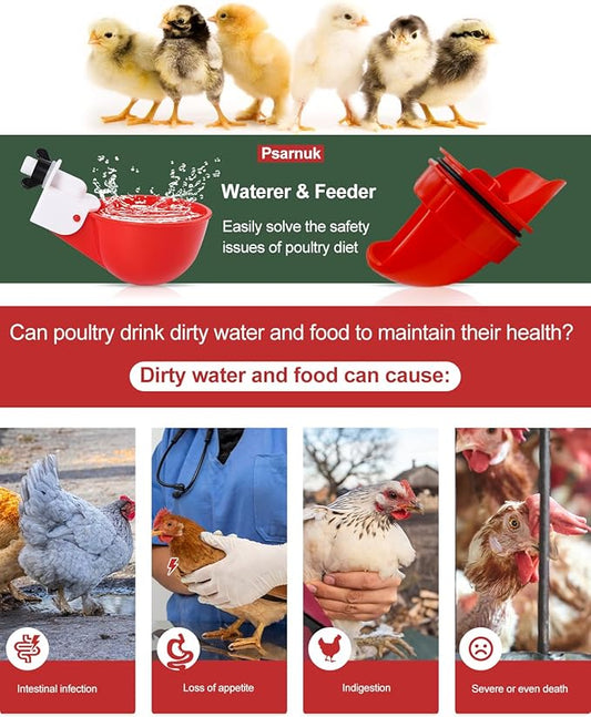 Chicken Feeder & Chicken Waterer Cup Set, 8 Water Cups 4 Feeders, Automatic DIY Poultry Feeding Watering Kit for Chickens Ducks Chicks, with Matching Drill Bit