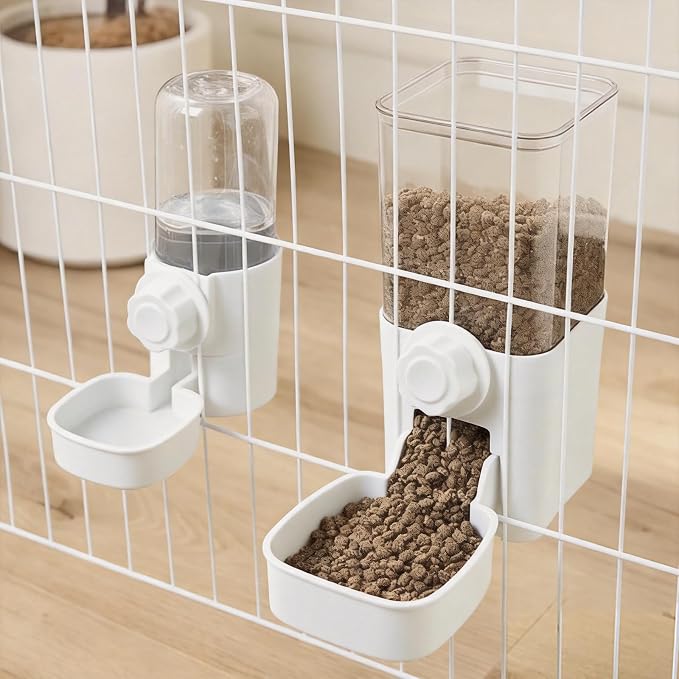 Pet Cage Suspended Water Dispenser, 17oz Hanging Automatic Water Bowl for Rabbit, Bunny, Cat, Ferret, Clear, Plastic (White)