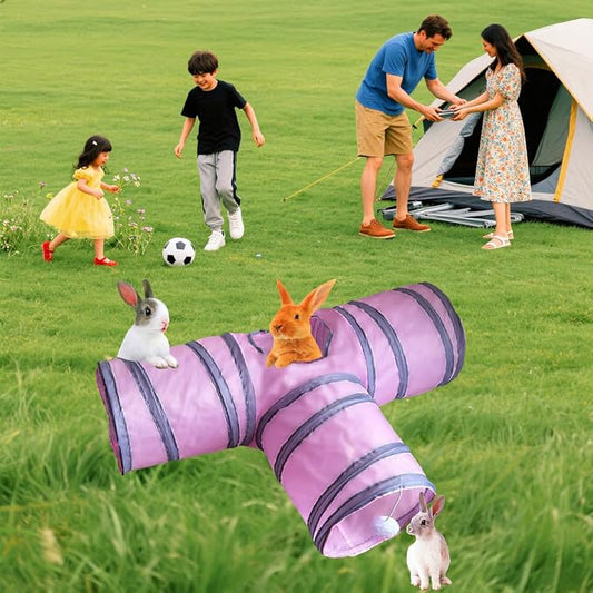 Rabbit Tunnels & Tubes Collapsible 3 Way Pink Grey, Play Tunnel Tube Toy with Hanging Ball for Kitten, Puppy, Bunny, Ferret, Interactive Toys for Fun Playtime & Exercise