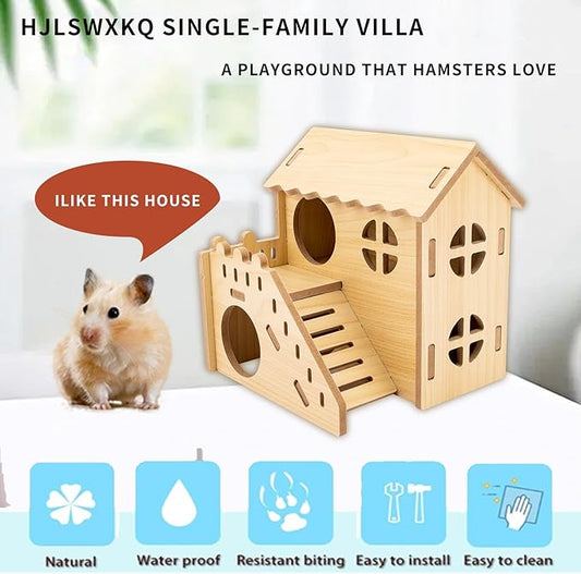 Natural Wood Hamster Habitat Hideout Cage Accessories, Maze Cabin with Fun Slide & Double-Decker House, Exercise Toys for Dwarf Hamsters, Gerbils, Mice, Other Small Animals(Only for Small Hamster E)