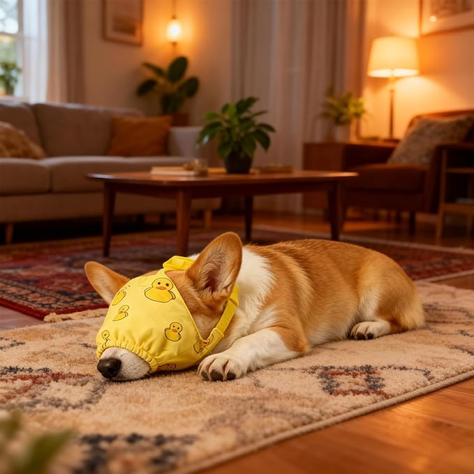 NACOCO Dog Calming Cap Eye Mask Ducks Nylon Shading Pet Anxiety Mask Muzzle for Grooming Anti Car Sickness (Yellow, L)