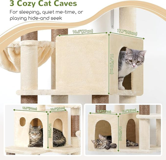 Globlazer Cat Tree Tall, 71 inches Cat Tower for Indoor Adult Cats Multi-Level 3 Condos for Indoor Cats XL Cat Tree Tower with Scratching Posts, Soft Extra Large Hanging Basket, F71, Beige