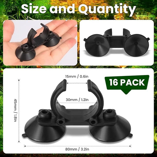 16 Pack Aquarium Heater Suction Cups with Clips,Clip Heavy Duty Black Standard Heating Rod Holders Clamps with 1.2 Inch Clips for Aquarium and Fish Tanks Heater (Double-Headed)