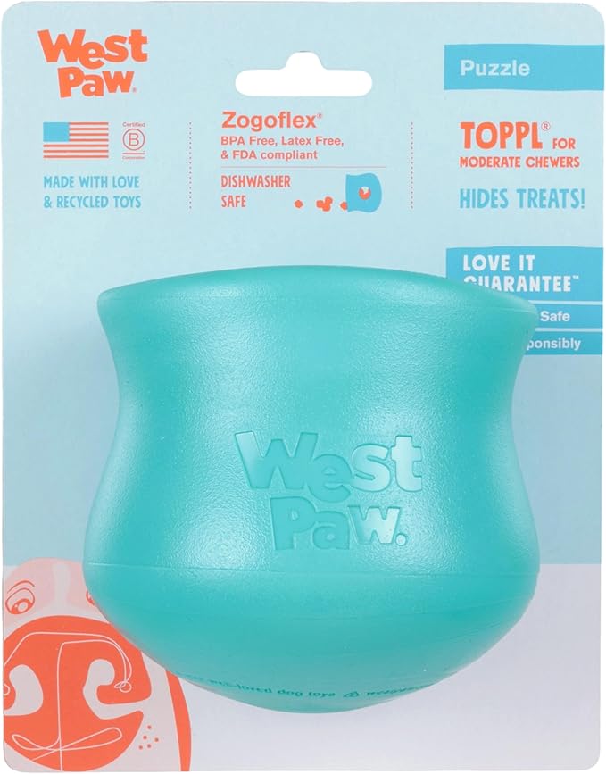 WEST PAW Zogoflex Toppl Interactive Treat Dispensing Puzzle Dog Toy for Mental Stimulation & Enrichment-Holds Kibble & Treats-Lickable, Freezable & Dishwasher Safe-Made in USA-Large-Teal