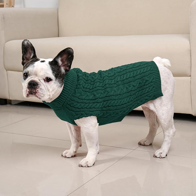 Dog Sweater 2 Pack for Medium Dogs, Size M, Green & Brown | Stretchy cable knit turtleneck, machine washable, high belly cut, comfy winter fit for French Bulldog, Pug