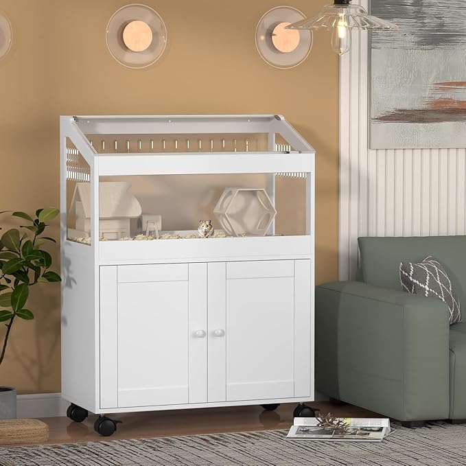 Hamster Cage with Storage Cabinet – Acrylic Panels for 360° Viewing, Ideal for Hamsters, Rabbits, Guinea Pigs, and Hedgehogs, White