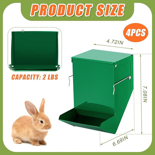 Maxcheck 2 Pcs Rabbit Feeder for Cages Small Animal Food Pellet Dispenser with Lid Metal Chicken Grit Oyster Shell Squirrel Feeders Outside(4.7 Inches,Solid Bottom,Green)