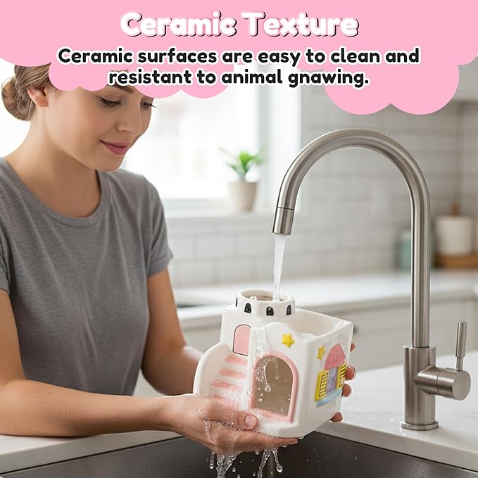 Ceramic Hamster Hideout - 3-in-1 Small Animal Climbing Feeding Hideaway House with Water Bottle, Pink Castle Shaped Chew Proof Mini Summer Cooling Hut Cage for Dwarf Hamster Mice Rat