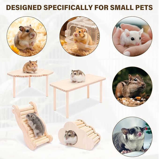 4 PCS Natural Wood Hamster Cage Accessories Set, Multi-Level Habitat Decor with Cloud Hideout, Climbing Ladder & Standing Platforms, Exercise Playground for Syrian Hamsters, Gerbils, Mice (A)
