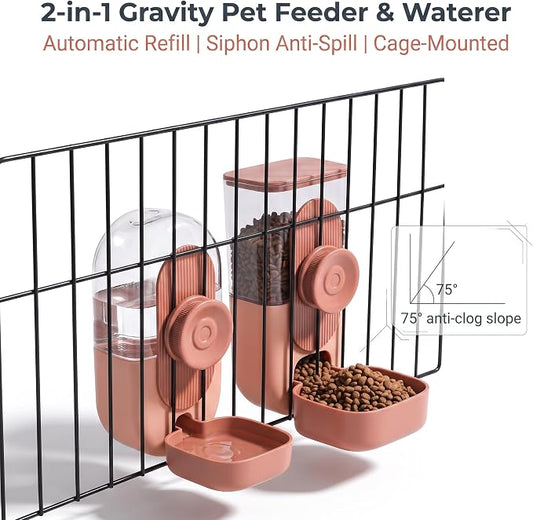 Hanging Gravity Pet Feeder Water Bowl Set for Small Pets(Orange) | 2-in-1 automatic feeding & drinking dispenser; cage hanging design; auto gravity refill; fits cats, dogs, rabbits, hedgehogs