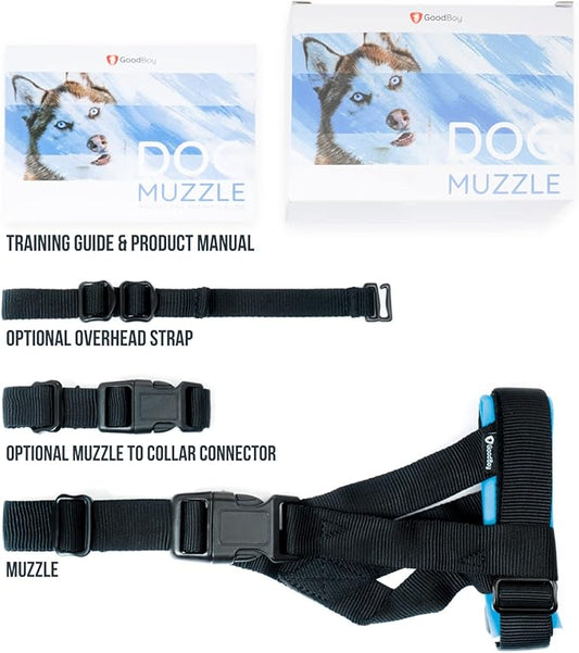 Gentle Muzzle Guard for Dogs - Prevents Biting and Unwanted Chewing Safely – New Secure Comfort Fit - Soft Neoprene Padding – No More Chafing – Training Guide Helps Build Bonds with Pet (L, Blue)