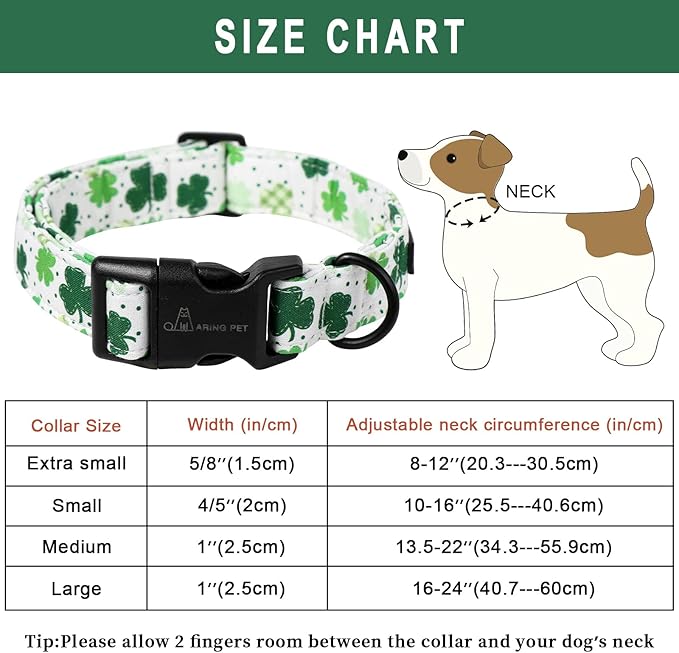 ARING PET St Patrick's Day Dog Collar, Cute White Clovers Shamrock Pet Collars with Quick Release Buckle for Puppy Small Medium Large Boy Girl Dogs-S