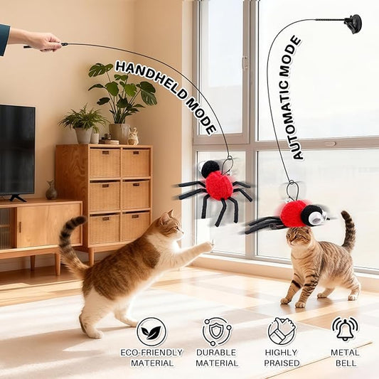 Cat Wand Toy with Replaceable Red Spider Head, Interactive Insect & Feather Teaser Wand for Indoor Cats and Kittens, Ideal for Self-Play or Handheld Bonding, Stimulates Hunting Instincts, Exercise