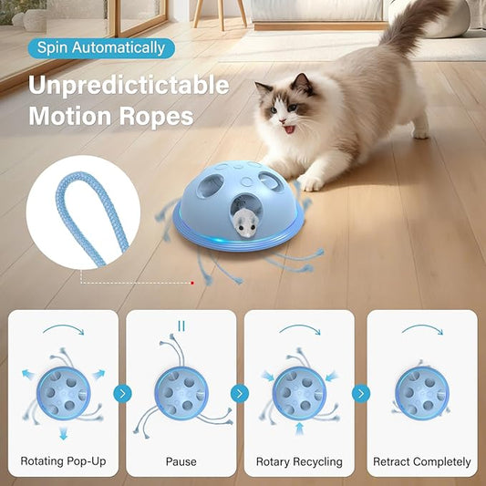 Pawingcat Automatic Cat String Toy 6 Holes Whack a Mole Cat Toy with Plush Running Cat Mouse Toy Hide and Seek Interactive Cat Toys for Indoor Cats(Blue)