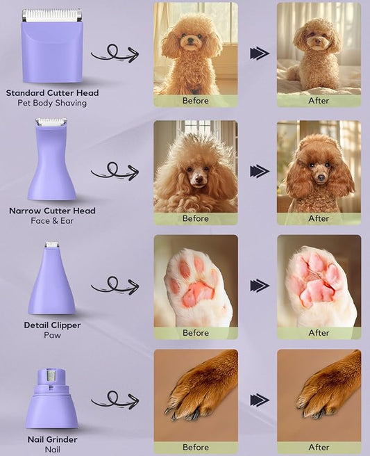 Dog Clippers Grooming Kit, 4 in 1 Quiet Cordless Dog Paw Trimmer & Nail Grinder, Small Cat Clippers Electric Rechargeable Low Noise Pet Shaver for Trimming Hair on Paw Eye Ear Face (Purple) | Quiet Cordless Dog Hair Trimmer for Paw Nail Grinder, Cat Gr...