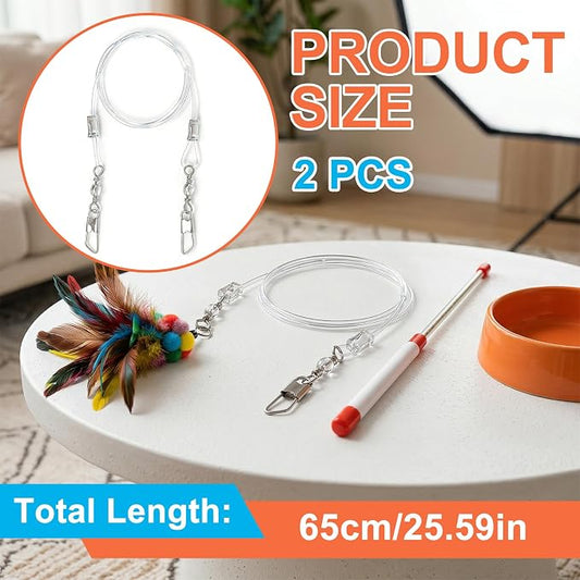 2pcs Replacement Strings for Cat Wand, Plastic Paracord Strings Replacement with Lobster Clasps, Interactive Kitten Wand Stick Wire for Cat Teaser Wand- Clear