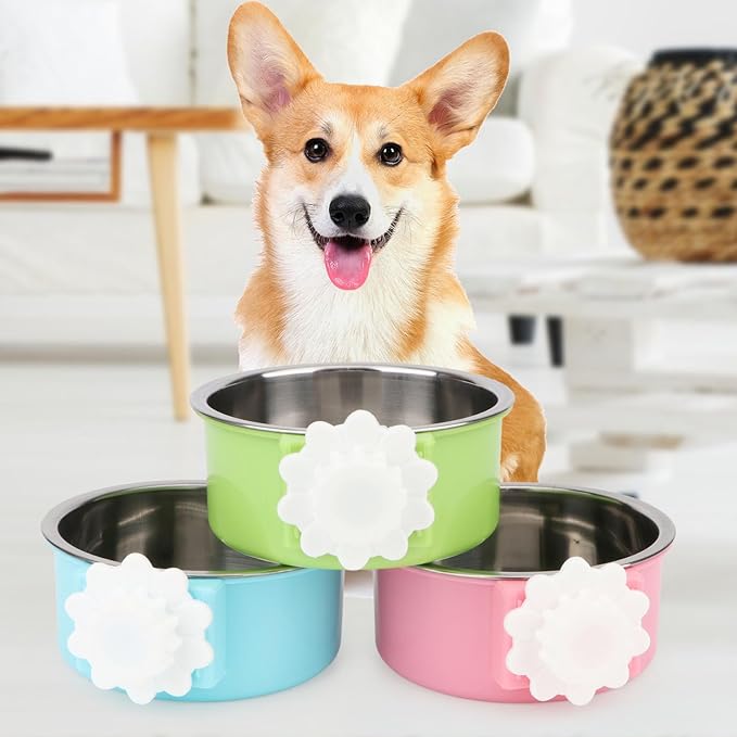 Crate Dog Bowl,Removable Stainless Steel Kennel Water Hanging Food & Water Feeder Crate Water Bowl No Spill for Puppy,Cat,Rabbit,Guinea Pig (Blue)