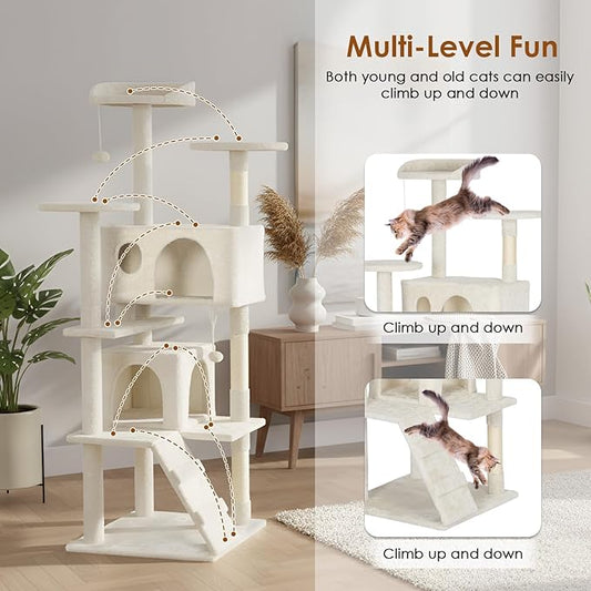 PayLessHere Cat Tree 62in Cat Tower with Cat Scratching Post,Multi-Level Cat Condo Stand House Furniture Kitty Activity Center with Furry Ball Toys Cat Tree for Indoor Cats,Beige