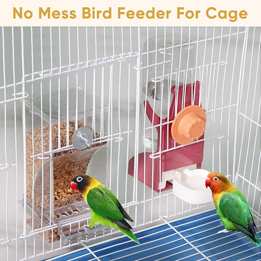 Bird Water Dispenser, Automatic Bird Feeder for Cage,No Mess Bird Feeder, Parakeet Seed Container Food Feeder Drinker for Cage, Parrot Feeder Cage Accessories,Cockatiel Canary Lovebirds Budgies (Red)