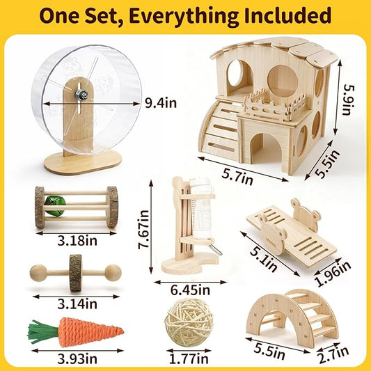 Hamster Cage Accessories Set ,Silent Exercise Wheel, Maze Wooden Hideout, Water Bottle with Holder, Chew Toys & Interactive Platform for Hamsters, Mice, Gerbils (All-in-One Habitat Enrichment Kit)