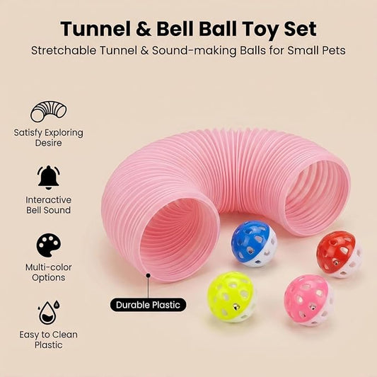 Hamster Collapsible Tunnel Tube Toys with 4 Bell Balls, Expandable Small Animal Hideout Exercise Toy 7.8inch Unextended 32.7inch Extended for Guinea Pig Gerbil Rat Ferret (Pink)