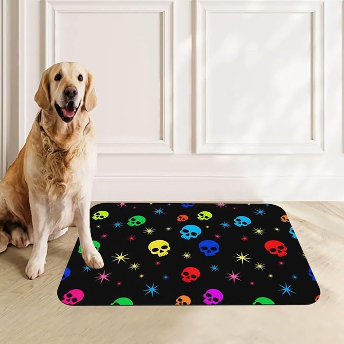 Neon Stars Colorful Skulls Cat Food Mat for Pet Dog Food Mat for Food and Water