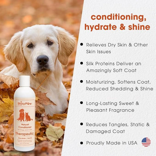Dog Conditioner for Allergies and Itching | Shiny Paw Shea Butter & Vanilla Conditioner for Dogs & Cats | Dog Matted Hair Detangler | Made in THE USA | 16 oz