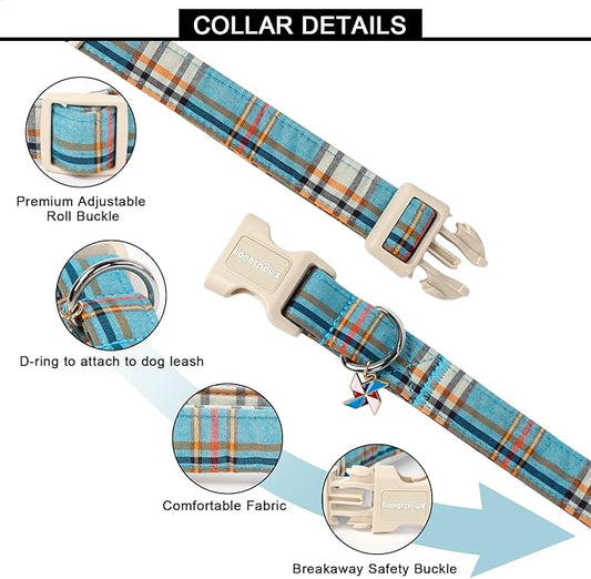 Lionet Paws Boy Dog Collar- Cute Blue Plaid Dog Collars with Plastic Buckle,Light Adjustable Dog Collars for Medium Large Dogs