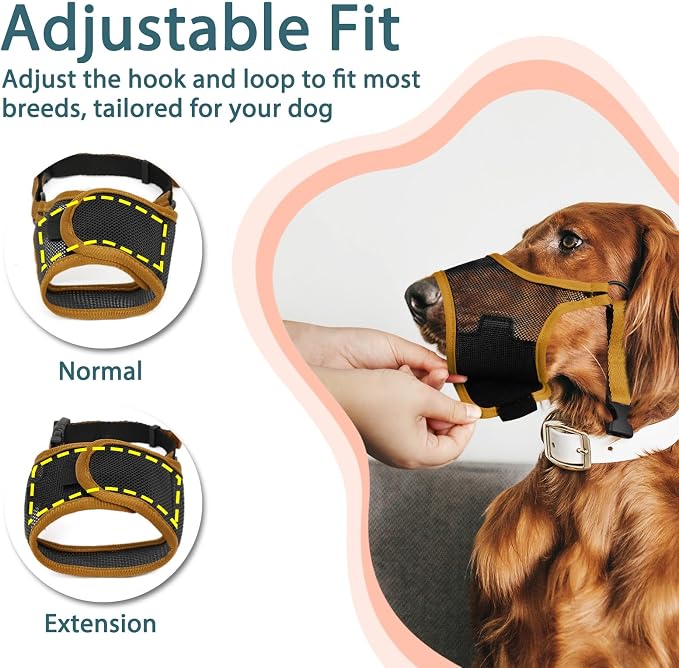 LUCKYPAW Dog Muzzle, Mesh Dog Muzzle for Large Medium Small Dogs, Soft Mouth Guard for Biting Chewing, Breathable Mouth Cover with Adjustable Strap for Training (Brown, S(Snout:7.75"-8.75"))