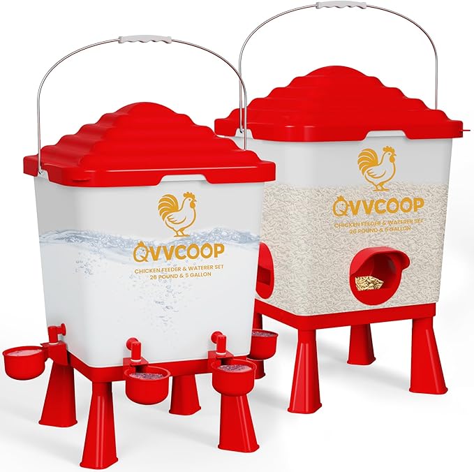 Automatic Chicken Feeder and Waterer Set, 5 Gallon Chicken Waterer with Float Valve, Poultry Feeding and Watering Supplies, Elevated Water Dispenser, Large Capacity, Red, Float Controlled