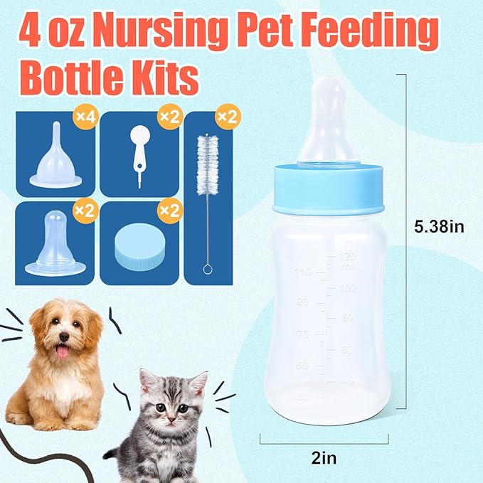 DEMORA Kitten Bottle Feeding Kit, Graduated Nursing Feeding Bottles for Pet Kitten Puppy Hamster Rabbit with Two Kinds of Replaceable Nipples Feeder (Clear, 4 oz)