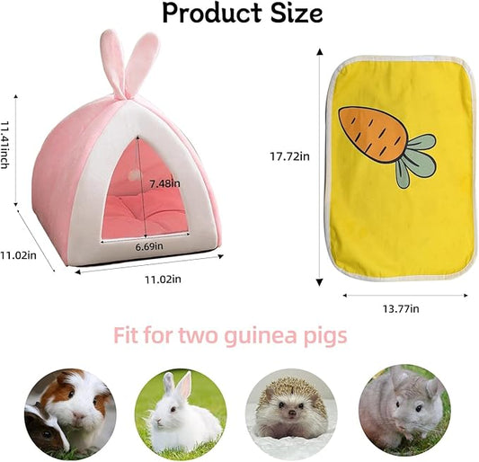 Guinea Pig Bed,Fleece Bunny Hideout House,Warm Rabbit Sleeping Bed with Pee Pad,Winter Large Hiding Hut for Hamster Ferret Rat Chinchilla Hedgehogs,Pink