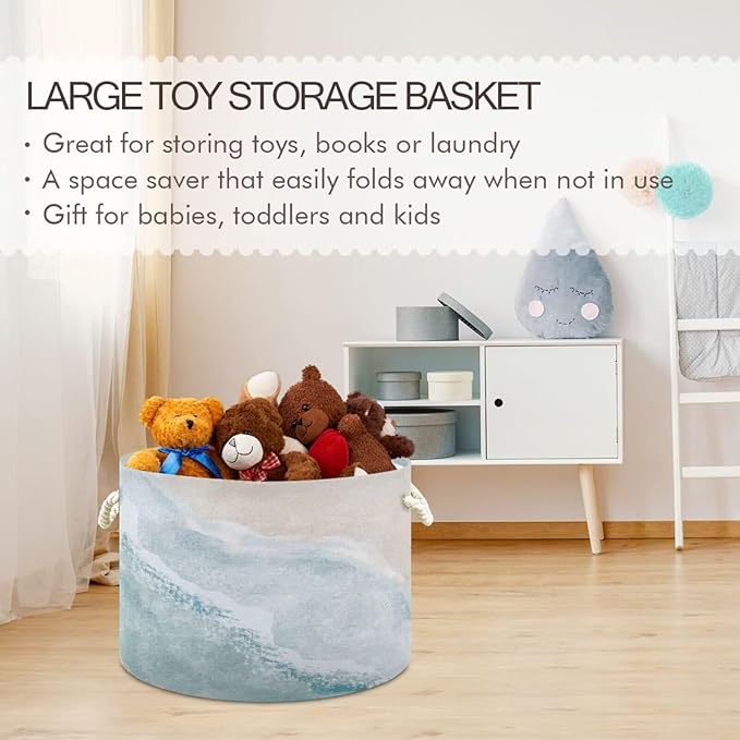 Beach Wave Print Round Storage Basket Blue Sea Ocean Watercolor Wave Large Laundry Hamper 20 x 20 x 14 Inches Organizer Bin with Handles Clothes Storage Bag for Nursery Bedroom Living Room Decor