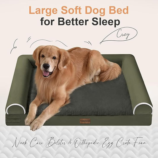 NANUYA Orthopedic Dog Bed for Large Dogs, 36 x 27 Inch, Dark Green | Egg crate foam for joint support, 3-sided bolster pet sofa, waterproof lining, washable cover, and non-skid base