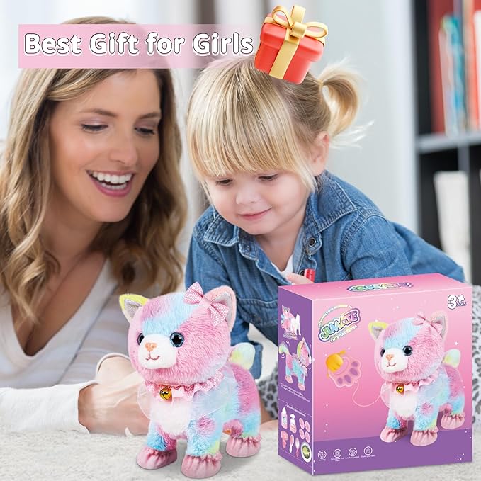 Jimate Interactive Electronic Plush Toy Walking and Barking Robot Cat Plush Cat Remote Control Kitten for Girls (Colorful Cat)