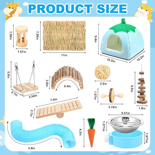 Youyole 13 Pcs Guinea Pig Starter Kit Hamster Toys Bed Guinea Pig Cage Accessories with Tunnel Grass Mats Pet Food Bowl for Christmas Chinchillas Hedgehogs Ferrets Rabbit Hideout Essentials(Blue)