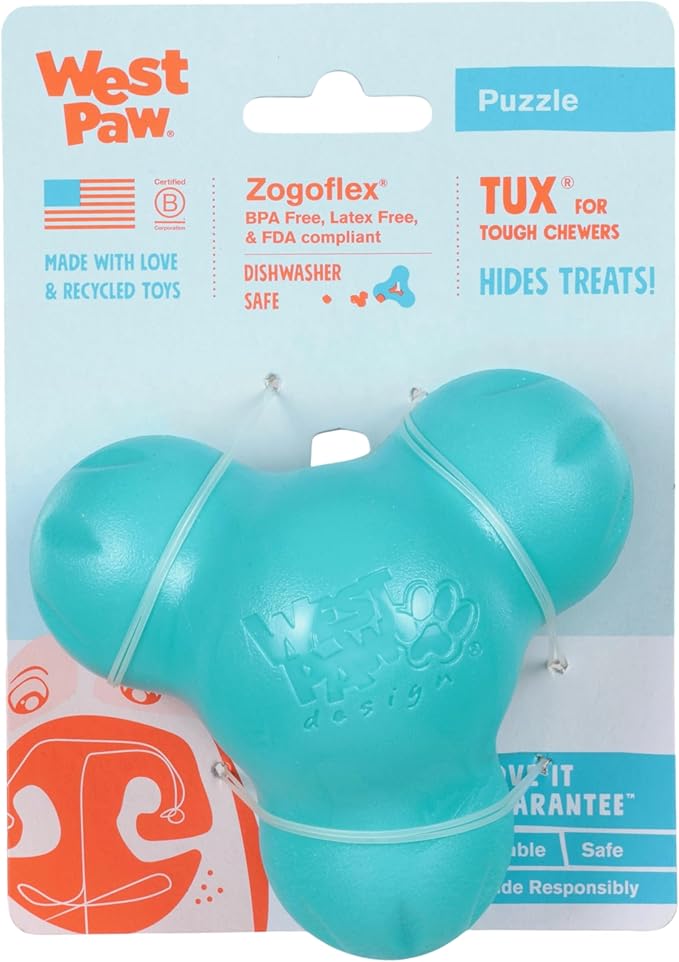 WEST PAW Zogoflex Tux Treat Dispensing Dog Chew Toy – Interactive Chewing Toy for Dogs – Dog Games for Aggressive Chewers, Fetch, Catch – Holds Kibble, Treats, Small 4", Teal