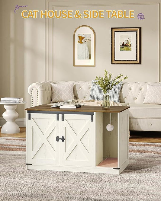 Hzuaneri Cat Litter Box Enclosure, Hidden Litter Box Cabinet Furniture with Bell, Indoor Cats House, Farmhouse Style, 39.4 x 21.7X 24.8 Inches for Hallway, Bedroom, Rustic Brown and White CB85214X