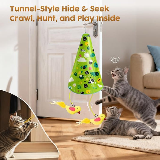 Interactive Cat Toy for Indoor Cats: 2 in1 Automatic Hide and Seek Moving Concealed Flying Bird Wand Feather with Chirping Bird Squeaky, Hanging Rechargeable Exercise Cat Toy for Kittens and Adult Cat