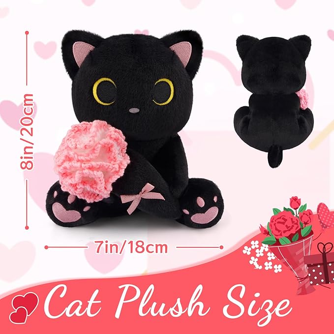 Black Cat Plush Holding Crochet Flower - 8" Kawaii Stuffed Cat with Handmade Pink Carnation, Soft Cute Plush Toy for Mom, Mother's Day & Birthday Gift, Stuffed Animals for Girls