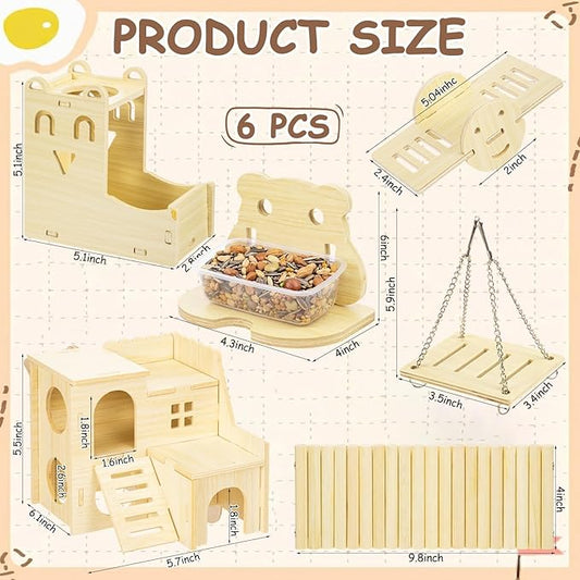 BreezeHug 6 Pcs Hamster Wooden Hideouts Hamster Houses Feeder and Waterer Chinchillas Chew Cage Accessories Activity Enrichment for Rats Gerbils Small Animals Habitat