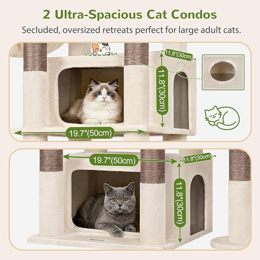 Globlazer 75in Sturdy Cat Tree for Large Cats, Heavy Duty Multi-Level Cat Tower for Indoor Cats with Extended Platform, 2 Spacious Condos, 2 Padded Perches, 6 Sisal Scratching Posts, S75, Beige