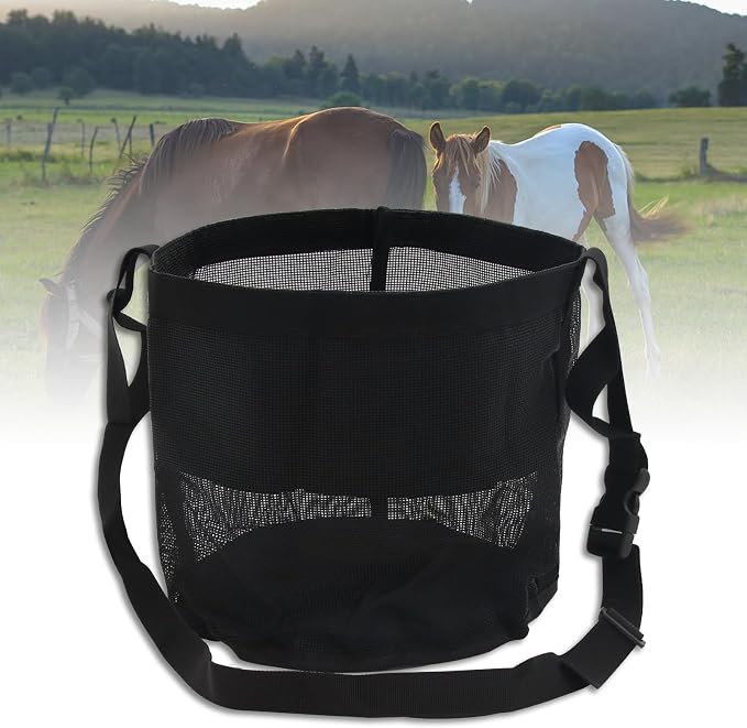 Horse Feed Bag 2 Pack-Grain Feeder Reinforced Bottom Mesh Feeding Troughs | Waterproof Oxford, Adjustable Neck & Nose Pad Breathable Mesh Muzzle Feed Bag for Grain Supplements, Trail Riding & Camping