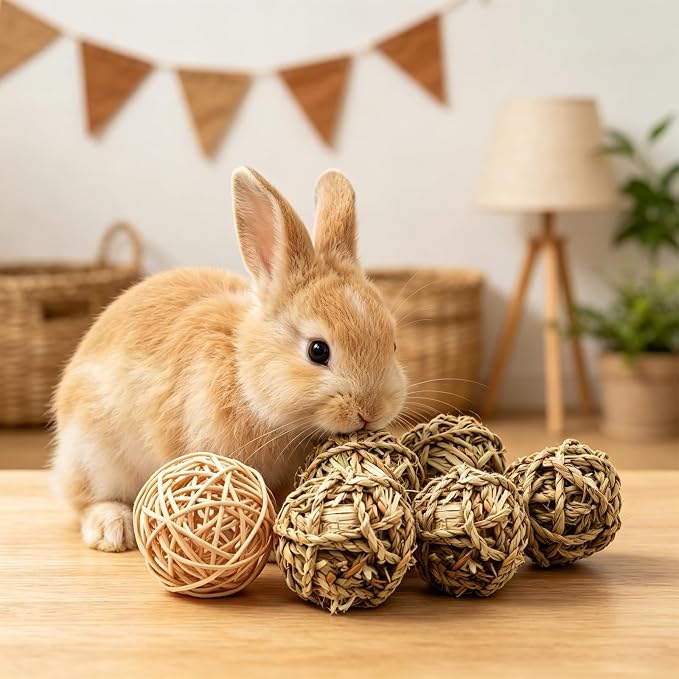 8 Pcs Bunny Chew Grass Balls, Hangable Natural Handmade Enrichment Toys for Teeth Grinding, Enrichment Treats for Rodents Rabbits Guinea Pigs Chinchillas Hamsters Mice, Rolling Chew Toys (2.4") (8pcs)
