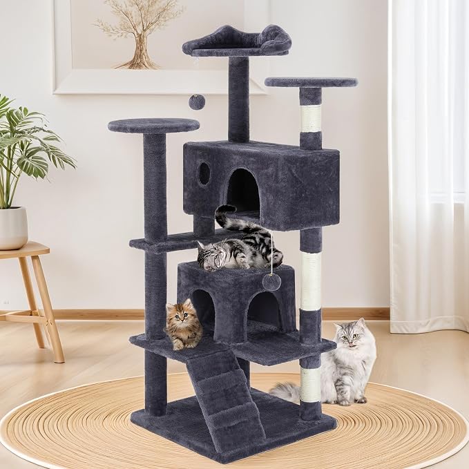 DUMOS 54 Inch Indoor Cat Tree Tower with Scratching Posts, Multi-Level Pet House for Large Cats with 2 Condos, Round Platform, Small Ladder, and Toys – Perfect for Cats of All Ages, Dark Grey