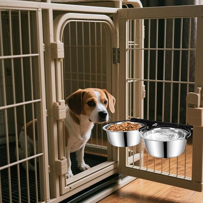 Dog Crate Water Bowl No Spill, 2 Pack Pet Stainless Steel Kennel Food Bowls | Hanging Non-tipped Design, Holds 27oz/Bowl, Promotes Elevated Feeding, for Kennel & Cage, Durable Metal Construction