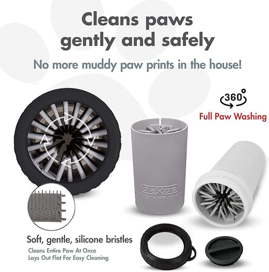 Dexas Lidded MudBuster Dog Paw Cleaner in Light Gray - Fits 1.5"-2.5" Wide Paws, Portable Paw Washer for Muddy Paws, Dog Paw Cleaning Cup with Gentle Silicone Bristles, Quick Clean Pet Paw Washer