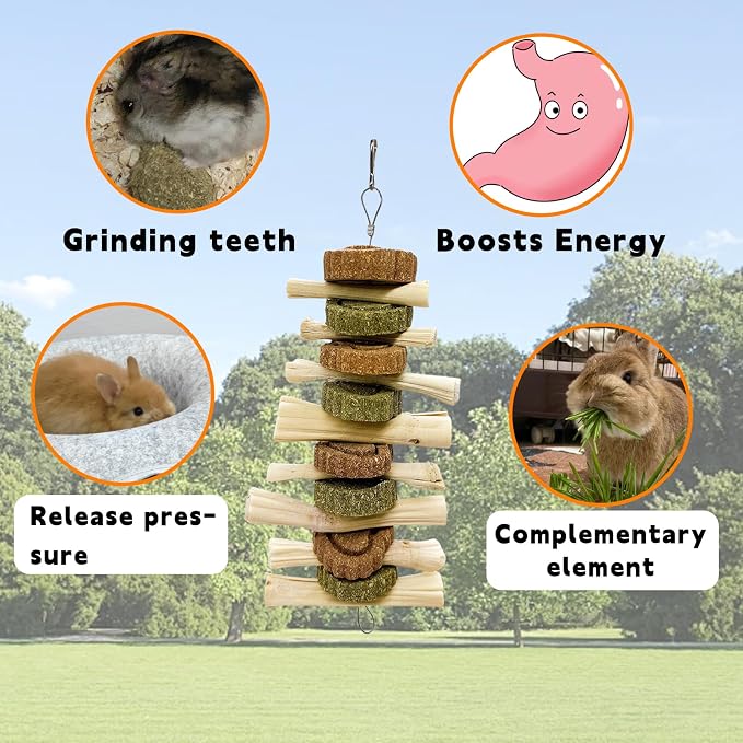 Hamiledyi 3Pcs Bunny Chew Toys for Teeth Bunny Hanging Grinding Cake Natural Sweet Bamboo Sticks Timothy Alfalfa Hay & Carrot Cake for Rabbit Guinea Pig Chinchilla Gerbil Improve Dental Health